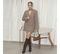 3 Stücke Retro Chic Pendler Braun Hahnentritt Wollanzug Set: Taillierter Blazer + Tief Sitzender Rock + Schal (inklusive Schulterpolster)