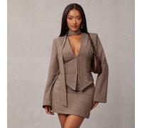 3 Stücke Retro Chic Pendler Braun Hahnentritt Wollanzug Set: Taillierter Blazer + Tief Sitzender Rock + Schal (inklusive Schulterpolster)