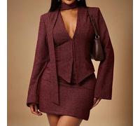 3 Stücke Retro Chic Pendler Braun Hahnentritt Wollanzug Set: Taillierter Blazer + Tief Taillierter Rock + Schal (inklusive Schulterpolster)