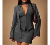 3 Stücke Retro Chic Pendler Braun Hahnentrittmuster Wollanzug Set: Taillierter Blazer + Tief Taillierter Rock + Schal (inklusive Schulterpolster) Rock