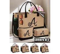 3 Stücke schwarzes Leinen Tragetasche Set mit Schultergurt, Kosmetiktasche und quadratischer Handtasche, individualisierbare A-Z Initialen, Mehrzweck-