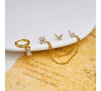 3 Stücke Set: Blumen- & Schmetterlings-Stapel-Ohrringe, 14K vergoldete Ketten-Anhänger Ohrstecker, rechteckige Hängeohrringe, romantischer Piercing-Sc