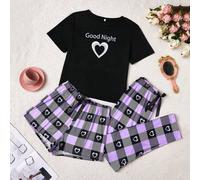 3 Stücke/Set Buchstaben, Herz & Karomuster Pyjama Set, Rundhals Kurzarm T-Shirt + Shorts mit Gummizug + Schlafhose, bequeme Damen Nachtwäsche