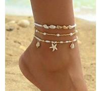 3 Stücke/Set Damen einfache Perlen Muschel & Seestern Anhänger Fußkette, minimalistischer Strandresort Stil Fußschmuck geeignet für den täglichen Gebr