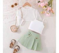 3 Stücke Set für Kinder und Kleine Mädchen zum Schulanfang, modische und süße Outfits, neues einfarbiges Unterhemd aus hohlem Netzstoff und Faltenrock