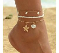 3 Stücke/Set Fußschmuck in Gold mit weißen Perlen, Quasten, Seestern und Muschelanhänger, geeignet für den täglichen Gebrauch und den Urlaub