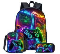 3 Stücke Set Gaming Themen Rucksäcke (Schwarz/Neon/Bunt), inklusive Messenger Bag, Federmäppchen und Tasche - aus strapazierfähigem Polyestermaterial,