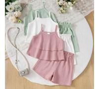 3 Stücke/Set Kleinkind Mädchen Lässig gestreifte strukturierte gewebte Doppel-Rüschen Trim Trägerhemd & Elastische Taille Rüschen Saum Shorts, erhältl