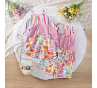 3 Stücke/Set Kleinkind Mädchen Lässig gestreifte strukturierte gewebte Doppel-Rüschenbesatz Trägerhemd & Elastische Taille Rüschen Saum Shorts, erhält