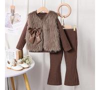 3 Stücke/Set Kleinkind Mädchen Rippstrick Rollkragen Langarmshirt, Schlaghose, flauschige Weste mit Schleifen Dekor, eleganter hochwertiger Lässig Out