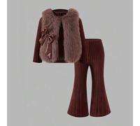 3 Stücke/Set Kleinkind Mädchen Rippstrick Rollkragen Langarmshirt, Schlaghose, flauschige Weste mit Schleifen Dekor, eleganter hochwertiger Lässig Out