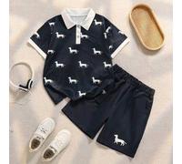 3 Stücke/Set, Lässige Mode Kleinkind Jungen Hund Digital Muster Poloshirt und Shorts Set, geeignet für Frühling, Sommer, Schule, Alltag, Reisen und Sp