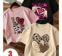 3 Stücke/Set Mädchen Lässig bedrucktes Rundhals Kurzarm T-Shirt, Sommer Studenten Kinderkleidung - Buntes Herz-Ring bedrucktes T-Shirt bringt Freude u