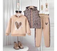 3 Stücke/Set Mädchen Lässig Outfit, bestehend aus Kapuzen-Weste, Rundhals-Sweatshirt und passender Jogginghose, geeignet für Herbst/Winter