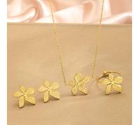 3 Stücke/Set Schöner, modischer, beliebter Goldener Edelstahl Ketten-Anhänger mit Fünfblüten-Blume, Ohrstecker & Ring Set für Mädchen als Alltagsschmu
