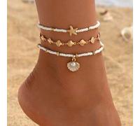 3 Stücke/Set Sommer Strand Urlaub Stil Perlen Muschel & Seestern Anhänger Fußkette, handgemachte goldene Muschelkette Mode Fußschmuck geeignet für All