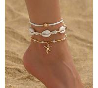 3 Stücke/Set Sommerstrand Urlaubs Muschel & Seestern gewebtes Seil Fußkettchen, bohemien Stil Perlen Legierung Anhänger Fußschmuck, geeignet für Lässi