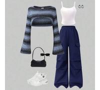 3 Stücke/Set Tween Mädchen Lässig Street Style karierter kurzer Strickpullover mit Glockenärmeln, einfarbiges Trägerhemd und Cargo Hose mit Taschen Ou
