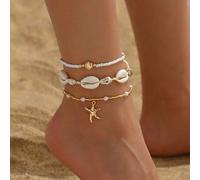 3 Stücke Sommer Strand Urlaub Muschelkette, Boho-Stil Perlen Kette Metall Legierung Seestern Anhänger Fußschmuck, geeignet für täglichen Gebrauch, Str
