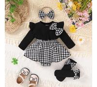 3 Stücke, süße Baby Mädchen Kleidung, lässig, stylisch, weich, bequem, mit Schleife verziertes gerüschtes Hahnentrittmuster Jumpsuit Kleid mit Socken