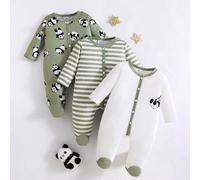 3 Stücke süßer Cartoon Panda & gestreifter Bedruckter Langarm Jumpsuit mit Füßen für Baby Jungen, geeignet für alle Jahreszeiten