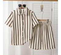 3 Stücke Tween Jungen strukturierte vertikale gestreifte Kurzarm Hemd und passende Lässig Shorts Set, Mischgewebe, hautfreundlich und atmungsaktiv. Da