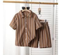 3 Stücke Tween Jungen strukturierte vertikale gestreifte Kurzarm Hemd und passende Lässig Shorts Set, Mischgewebe, hautfreundlich und atmungsaktiv. Da