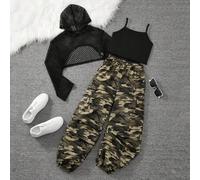 3 Stücke Tween Mädchen Lässig-Outfit-Set bestehend aus langärmeliger Mesh-Kapuzen-Top, geripptem Tank-Top und Camouflage-Cargo-Hose