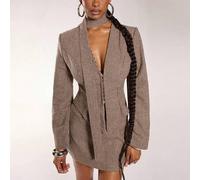 3 Stücke Vintage Chic Pendler Braun Hahnentritt Wollanzug Set - Passender Blazer + Taillierter Rock + Schal (inklusive Schulterpolster)