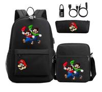 (3)Super Mario 3D-Druck Anti-Diebstahl USB-Schloss Rucksack-Set - 3-teilig: Ideal für Jugendliche, Studenten,