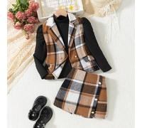 3 Teile Damen elegantes Herbst/Winter Set: karierter Westen Jacke + schwarzer strukturierter Rollkragenpullover + karierter Minirock, modisch, anmutig