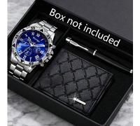 3 Teile Luxus Business Anzug für Herren, inklusive Quarzuhr mit silber-blauem Zifferblatt, geprägtem Geldbeutel und Metallkugelschreiber. Die Uhr hat