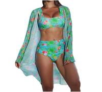 3-teilig Badeanzug Damen Bauchweg Sale, Hawaiidruck Bademode Push-up-Bikinioberteil und High Waist Badeshorts mit Sonnenschutz Strandponcho Sets Raffung Schwimmanzug mit Bügel Swimsuit Strandmode