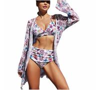 3-teilig Badeanzug Damen Bauchweg Sale, Hawaiidruck Bademode Push-up-Bikinioberteil und High Waist Badeshorts mit Sonnenschutz Strandponcho Sets Raffung Schwimmanzug mit Bügel Swimsuit Strandmode