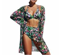 3-teilig Badeanzug Damen Bauchweg Sale, Hawaiidruck Bademode Push-up-Bikinioberteil und High Waist Badeshorts mit Sonnenschutz Strandponcho Sets Raffung Schwimmanzug mit Bügel Swimsuit Strandmode