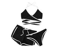 3 Teilig Bikini Damen Set mit Shorts,Sexy Neckholder Bikini Oberteil Kreuz Bandage Einfarbige Badeshorts Kurze Bikinihose Dreiteiliger Badeanzug Frauen Bademode Bikini-Sets für Damen