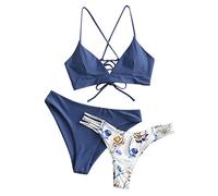 3 Teilig Bikini Damen Set - Träger Bikini mit Shorts Damen Zweiteilig Badeanzug Push Up Cross Bandage Brazilian Style Boho Blumenmuster Bademode Strandmode Badeanzüge Bikini-Sets für Damen