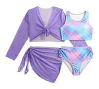 3 Teilig Mädchen Teenager Badeanzug Bikini Fischschuppen Print Bikini Set mit Hose Rock Sommer Tankini Schwimmanzug