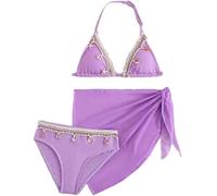 3 Teilig Mädchen Teenager Triangle Neckholder Oberteil Muscheldekorationen Bikinihose Set mit Rock Sommer Tankini Schwimmanzug