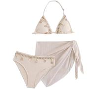 3 Teilig Mädchen Teenager Triangle Neckholder Oberteil Muscheldekorationen Bikinihose Set mit Rock Sommer Tankini Schwimmanzug