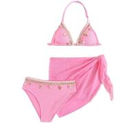 3 Teilig Mädchen Teenager Triangle Neckholder Oberteil Muscheldekorationen Bikinihose Set mit Rock Sommer Tankini Schwimmanzug