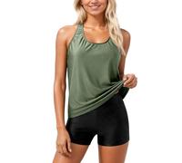 3 teilig Tankini Damen Bauchweg Badeanzug, Sport Bademode, Push Up Bikini Oberteil Und High Waist Badeshorts, Verstellbare Badebekleidung Schwimmanzug, Farbblock Strandmode für Schwimmbad, Strand
