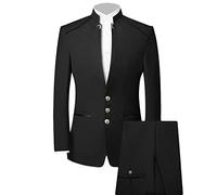3 teilige Vintage Anzüge für Herren Solide, Schmal Geschnittene, Formelle Stehkragen Blazer Sets Business Hochzeit Prom Jacke Weste Hose (L,Schwarz)