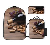 3-teiliger Rucksack für Damen und Herren, leicht, lässig, mit isolierter Lunchtasche und Federmäppchen, Organizer, Weinflasche, Kork, Trauben, Stil, Einheitsgröße, Stil:, Stil:, Talla única