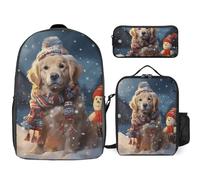 3-teiliger Rucksack für Damen und Herren, leicht, lässig, Tagesrucksack, Schultertaschen-Set mit isolierter Lunchtasche und Federmäppchen, Organizer, Frohe Weihnachten, niedlicher Hund, Schneemann