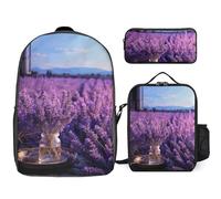 3-teiliger Rucksack für Damen und Herren, leicht, lässig, Tagesrucksack, Schultertaschen-Set mit isolierter Lunchtasche und Federmäppchen, romantischer Lavendel