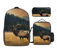 3-teiliger Rucksack für Damen und Herren, leicht, lässig, Tagesrucksack, Schultertaschen-Set mit isolierter Lunchtasche und Federmäppchen, Organizer, Elch auf der Wiese