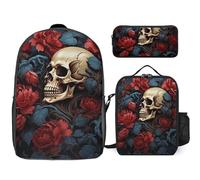 3-teiliger Rucksack für Damen und Herren, leicht, lässig, Tagesrucksack, Schultertaschen-Set mit isolierter Lunchtasche und Federmäppchen, Organizer, Totenkopfbild, Poster