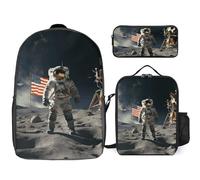 3-teiliger Rucksack für Damen und Herren, leicht, lässig, Tagesrucksack, Schultertaschen-Set mit isolierter Lunchtasche und Federmäppchen, Organizer, Astronaut, der auf dem Mond landet