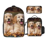 3-teiliger Rucksack für Damen und Herren, leicht, lässig, Tagesrucksack, Schultertaschen-Set mit isolierter Lunchtasche und Federmäppchen, Organizer, Golden Retriever, Hunde, Welpen, Haustiere